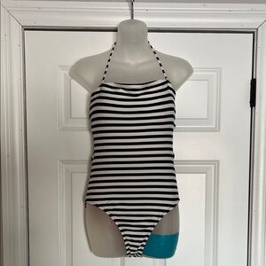 JCrew Striped Navy and White One Piece Swimsuit with removable halter strap